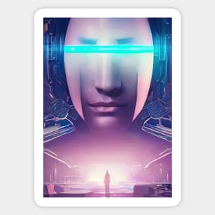 Girl face in futuristic cyberpunk style in neon colors Sticker